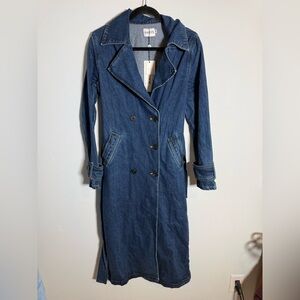 SNDYS Dark Denim Trench Coat XS NWT 100% Cotton Belted Long Jacket